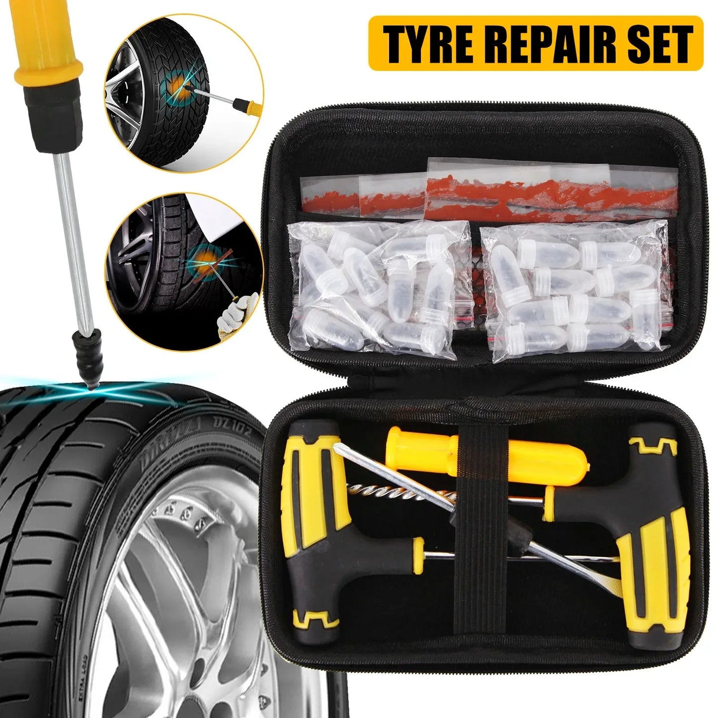 Motorcycle Vacuum Tire Repair Nail Car Tire Repair Tools Kit with EVA Storage Case Car Rubber Tubeless Tire Repair Tool Sets